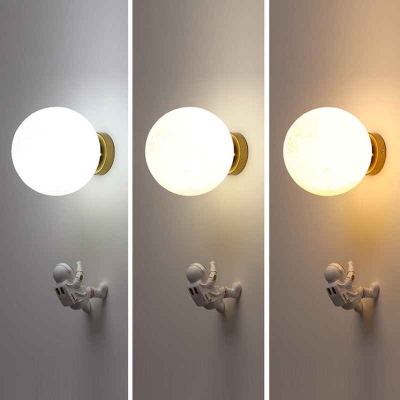 Contemporary Nordic Kids Resin Glass Ball Astronaut Lunar Planet 1-Light Wall Sconce Lamp Bedside Night Light for Nursery Bedroom Decor Cosmic Space Theme Kids Room Lighting Kids Wall Lamp Unique Children's Room Illumination