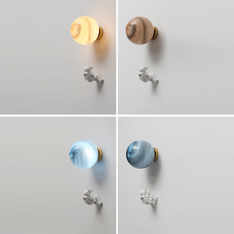 Contemporary Nordic Kids Resin Glass Ball Astronaut Lunar Planet 1-Light Wall Sconce Lamp Bedside Night Light for Nursery Bedroom Decor Cosmic Space Theme Kids Room Lighting Kids Wall Lamp Unique Children's Room Illumination