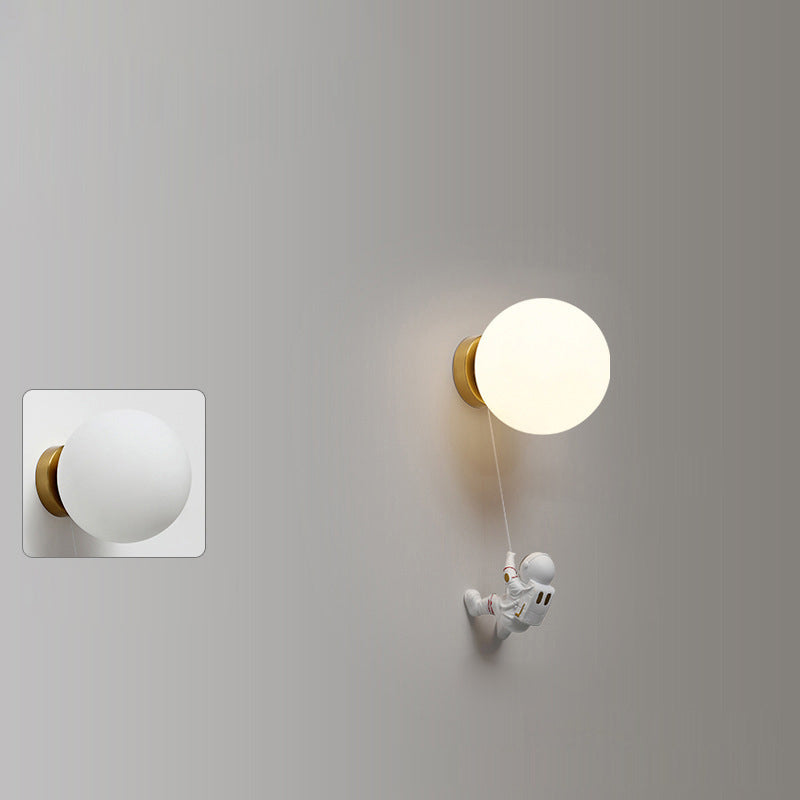 Contemporary Nordic Kids Resin Glass Ball Astronaut Lunar Planet 1-Light Wall Sconce Lamp Bedside Night Light for Nursery Bedroom Decor Cosmic Space Theme Kids Room Lighting Kids Wall Lamp Unique Children's Room Illumination
