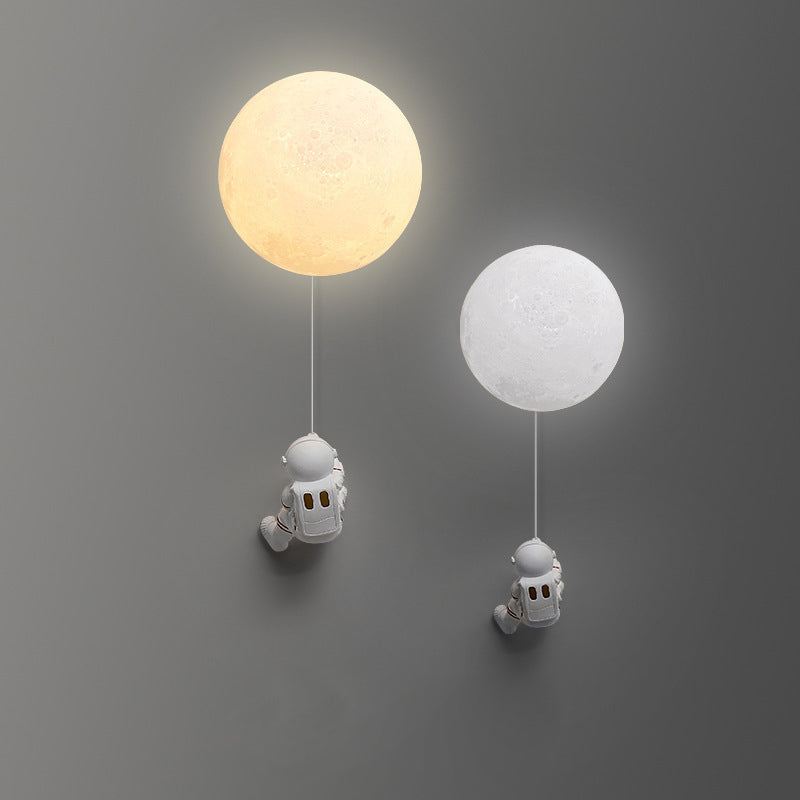 Contemporary Nordic Kids Resin Glass Ball Astronaut Lunar Planet 1-Light Wall Sconce Lamp Bedside Night Light for Nursery Bedroom Decor Cosmic Space Theme Kids Room Lighting Kids Wall Lamp Unique Children's Room Illumination