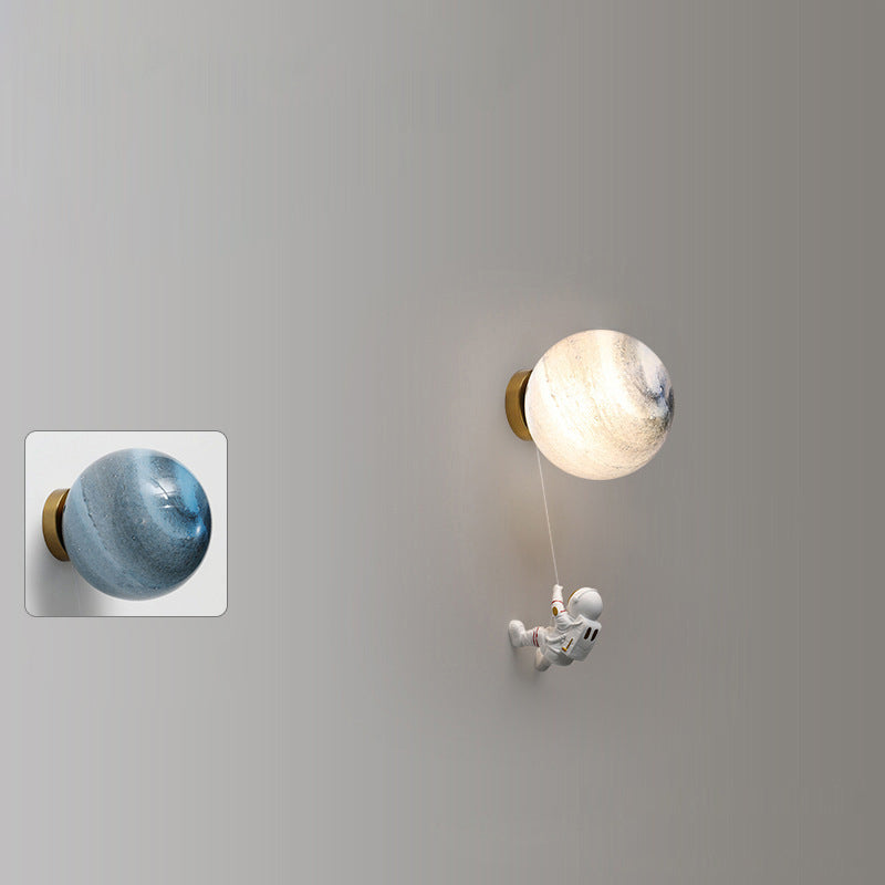 Contemporary Nordic Kids Resin Glass Ball Astronaut Lunar Planet 1-Light Wall Sconce Lamp Bedside Night Light for Nursery Bedroom Decor Cosmic Space Theme Kids Room Lighting Kids Wall Lamp Unique Children's Room Illumination