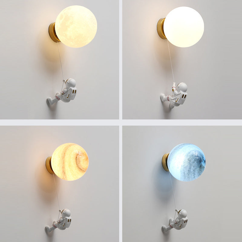 Contemporary Nordic Kids Resin Glass Ball Astronaut Lunar Planet 1-Light Wall Sconce Lamp Bedside Night Light for Nursery Bedroom Decor Cosmic Space Theme Kids Room Lighting Kids Wall Lamp Unique Children's Room Illumination