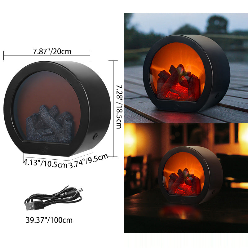 Contemporary Retro LED Flame Table Lamp - Round Battery-Powered Fireplace Style for Living Room