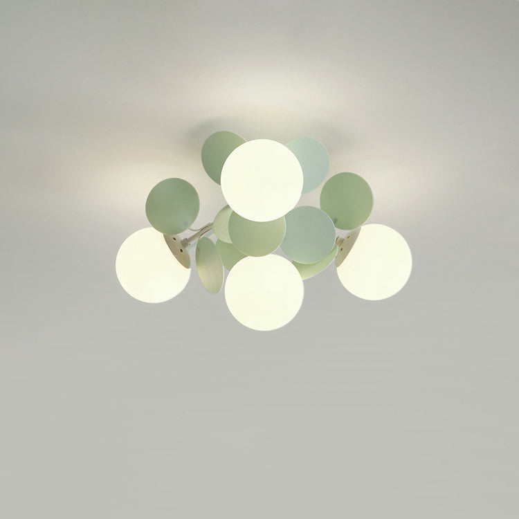 Contemporary Nordic Iron Glass PVC Round Semi-Flush Mount Ceiling Light for Bedroom 4/6/8/9/12 Bulb Options