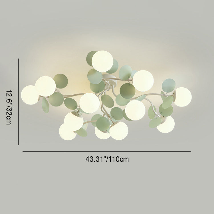 Contemporary Nordic Iron Glass PVC Round Semi-Flush Mount Ceiling Light for Bedroom 4/6/8/9/12 Bulb Options