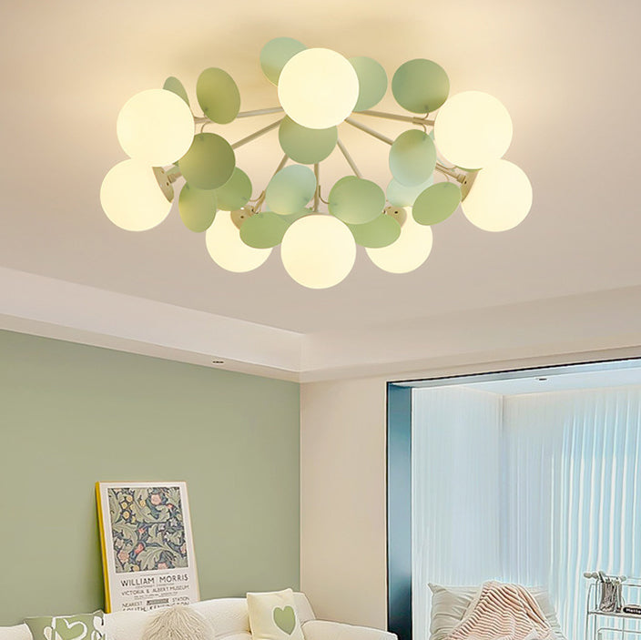 Contemporary Nordic Iron Glass PVC Round Semi-Flush Mount Ceiling Light for Bedroom 4/6/8/9/12 Bulb Options
