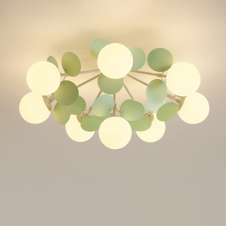 Contemporary Nordic Iron Glass PVC Round Semi-Flush Mount Ceiling Light for Bedroom 4/6/8/9/12 Bulb Options