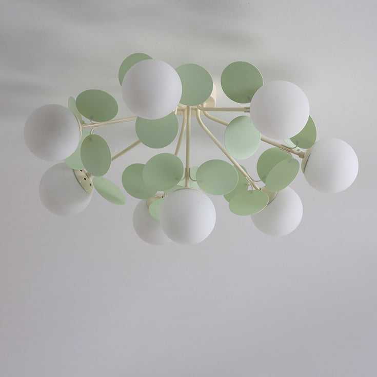 Contemporary Nordic Iron Glass PVC Round Semi-Flush Mount Ceiling Light for Bedroom 4/6/8/9/12 Bulb Options