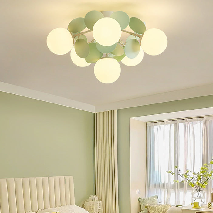 Contemporary Nordic Iron Glass PVC Round Semi-Flush Mount Ceiling Light for Bedroom 4/6/8/9/12 Bulb Options