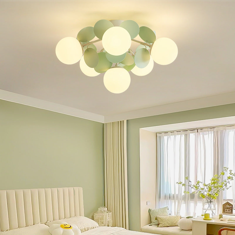 Contemporary Nordic Iron Glass PVC Round Semi-Flush Mount Ceiling Light for Bedroom 4/6/8/9/12 Bulb Options