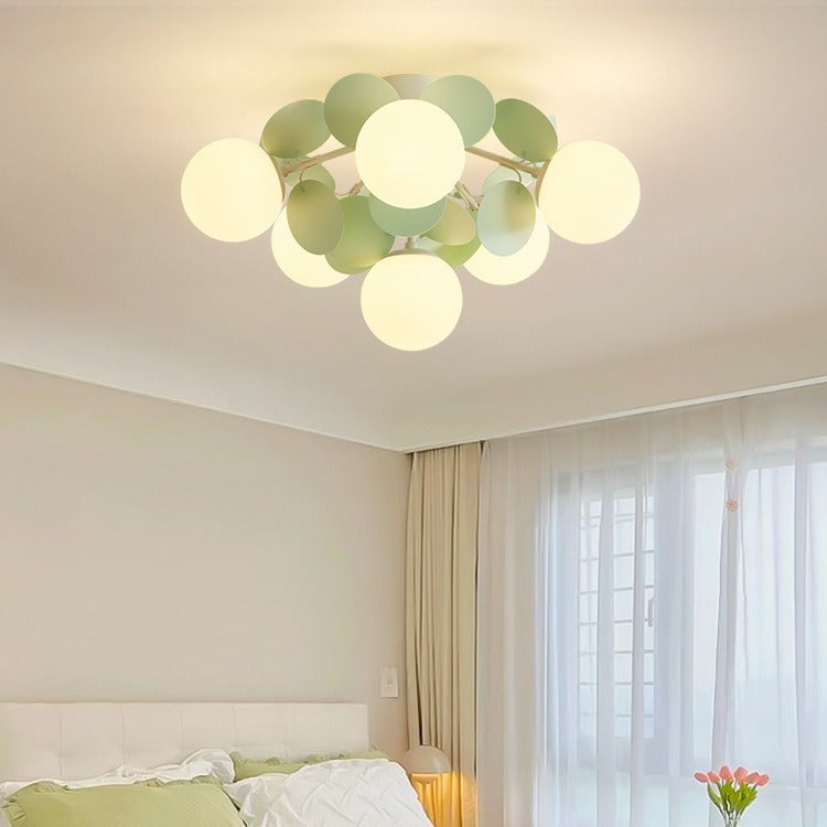 Contemporary Nordic Iron Glass PVC Round Semi-Flush Mount Ceiling Light for Bedroom 4/6/8/9/12 Bulb Options