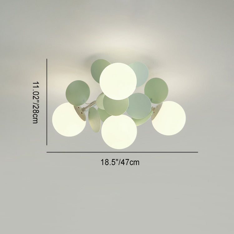 Contemporary Nordic Iron Glass PVC Round Semi-Flush Mount Ceiling Light for Bedroom 4/6/8/9/12 Bulb Options