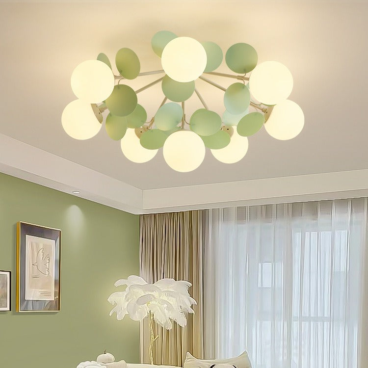 Contemporary Nordic Iron Glass PVC Round Semi-Flush Mount Ceiling Light for Bedroom 4/6/8/9/12 Bulb Options