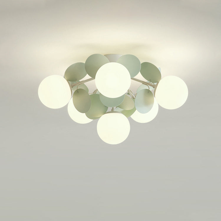 Contemporary Nordic Iron Glass PVC Round Semi-Flush Mount Ceiling Light for Bedroom 4/6/8/9/12 Bulb Options