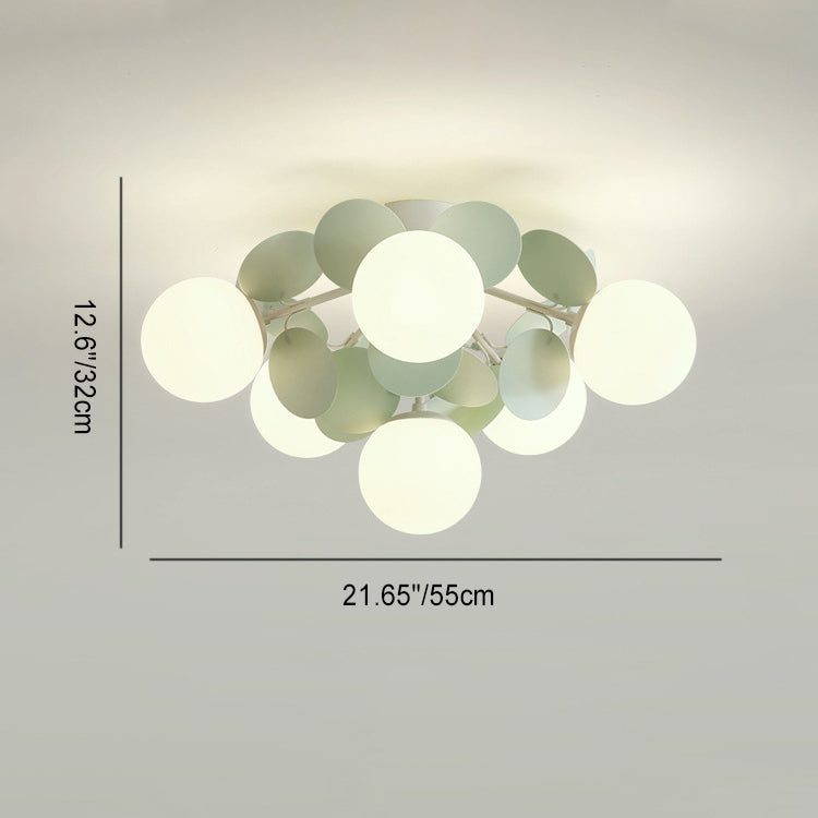 Contemporary Nordic Iron Glass PVC Round Semi-Flush Mount Ceiling Light for Bedroom 4/6/8/9/12 Bulb Options