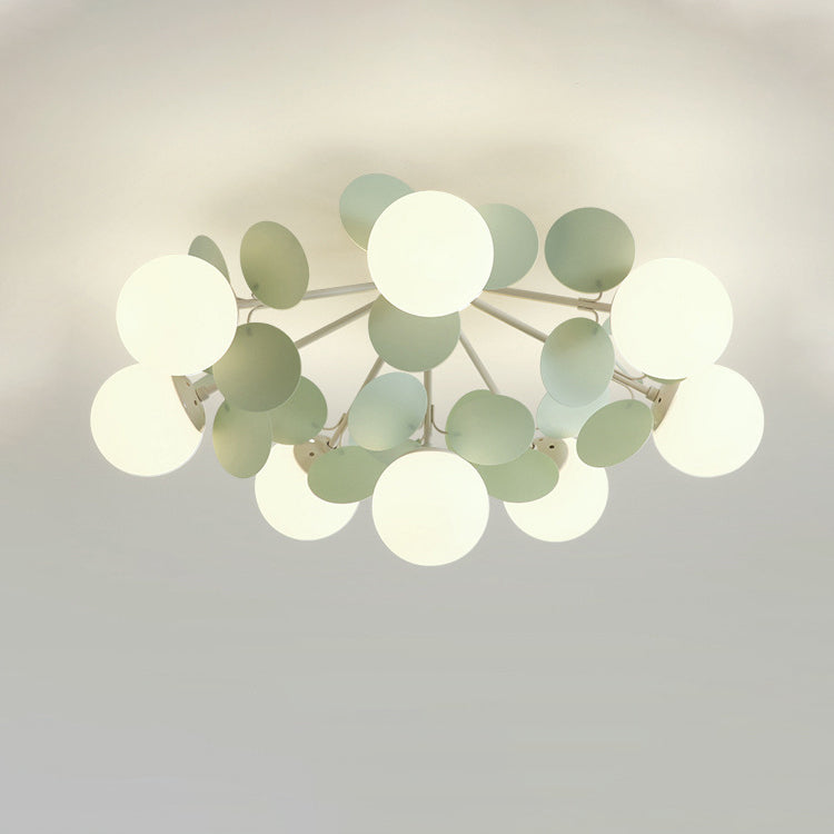 Contemporary Nordic Iron Glass PVC Round Semi-Flush Mount Ceiling Light for Bedroom 4/6/8/9/12 Bulb Options