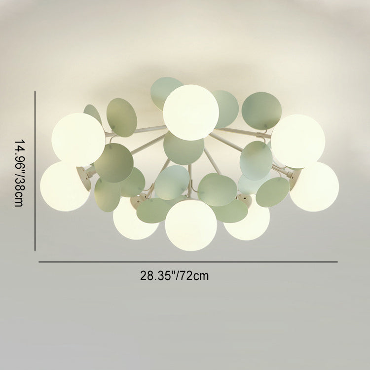 Contemporary Nordic Iron Glass PVC Round Semi-Flush Mount Ceiling Light for Bedroom 4/6/8/9/12 Bulb Options