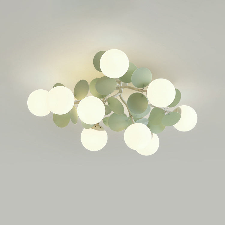 Contemporary Nordic Iron Glass PVC Round Semi-Flush Mount Ceiling Light for Bedroom 4/6/8/9/12 Bulb Options