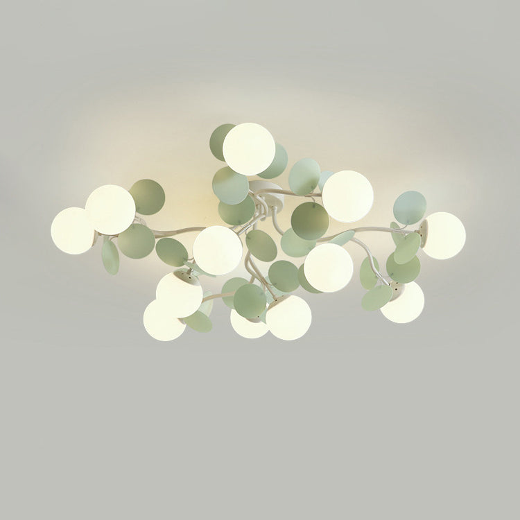 Contemporary Nordic Iron Glass PVC Round Semi-Flush Mount Ceiling Light for Bedroom 4/6/8/9/12 Bulb Options
