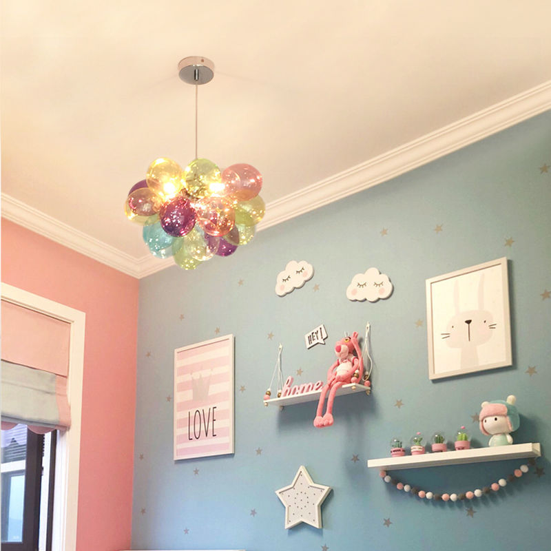 Contemporary Scandinavian Kids Iron Glass Bubble Balloon Chandelier 1/3/5/8 Light for Bedroom, Modern Pendant Lighting, Unique Playroom Decor, Stylish Ceiling Fixture, Adjustable Height, Nursery Lighting, Kids Room Decor, Decorative Lighting for Children’