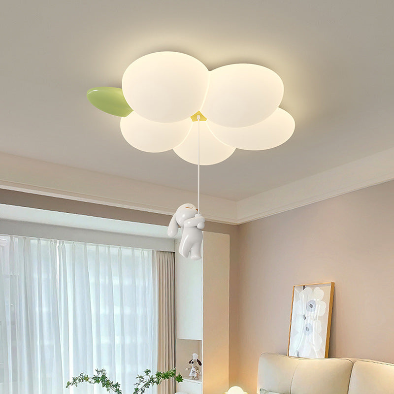 Contemporary Nordic Kids Rabbit Flower Iron PE LED Flush Mount Ceiling Light for Bedroom, Cute Children's Room Lighting, Modern Nursery Decor, Adjustable Brightness, Stylish Children's Ceiling Lamp, Energy-Efficient Kids Light Fixture, Playful Floral Desi