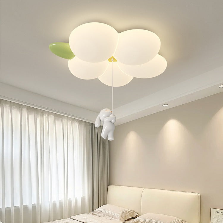 Contemporary Nordic Kids Rabbit Flower Iron PE LED Flush Mount Ceiling Light for Bedroom, Cute Children's Room Lighting, Modern Nursery Decor, Adjustable Brightness, Stylish Children's Ceiling Lamp, Energy-Efficient Kids Light Fixture, Playful Floral Desi