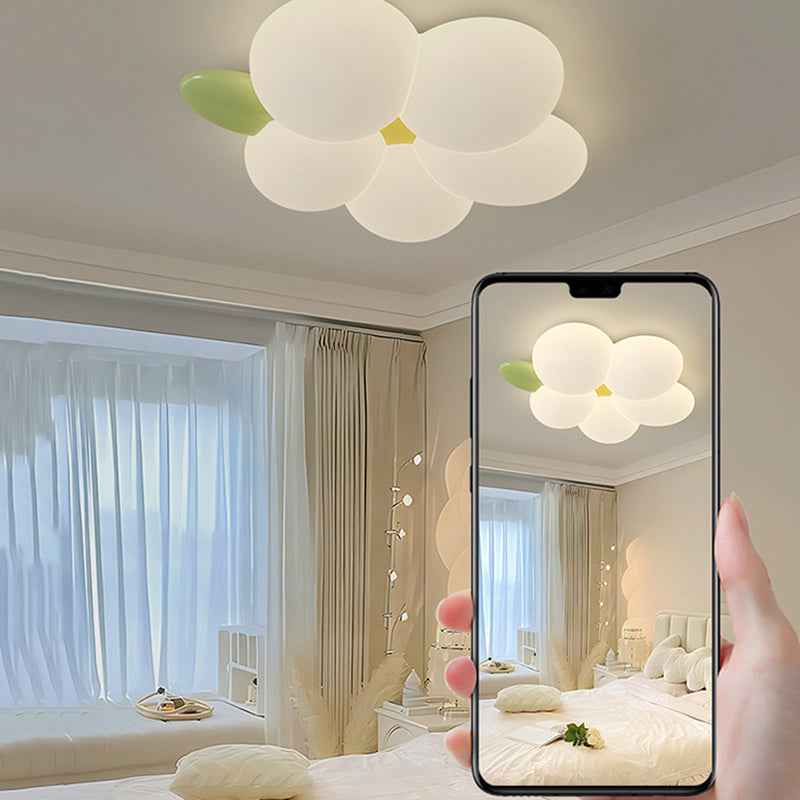 Contemporary Nordic Kids Rabbit Flower Iron PE LED Flush Mount Ceiling Light for Bedroom, Cute Children's Room Lighting, Modern Nursery Decor, Adjustable Brightness, Stylish Children's Ceiling Lamp, Energy-Efficient Kids Light Fixture, Playful Floral Desi