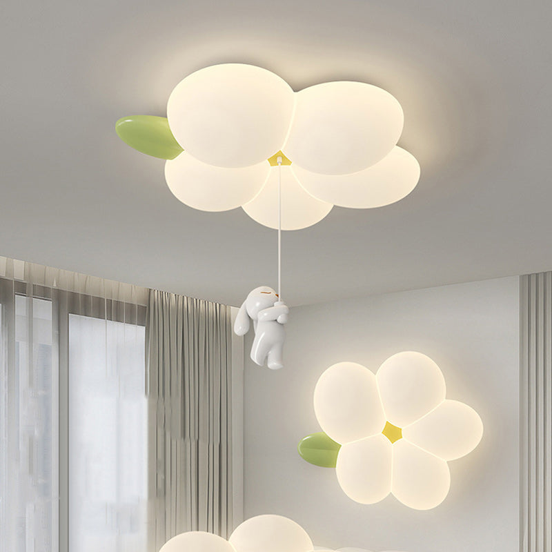 Contemporary Nordic Kids Rabbit Flower Iron PE LED Flush Mount Ceiling Light for Bedroom, Cute Children's Room Lighting, Modern Nursery Decor, Adjustable Brightness, Stylish Children's Ceiling Lamp, Energy-Efficient Kids Light Fixture, Playful Floral Desi