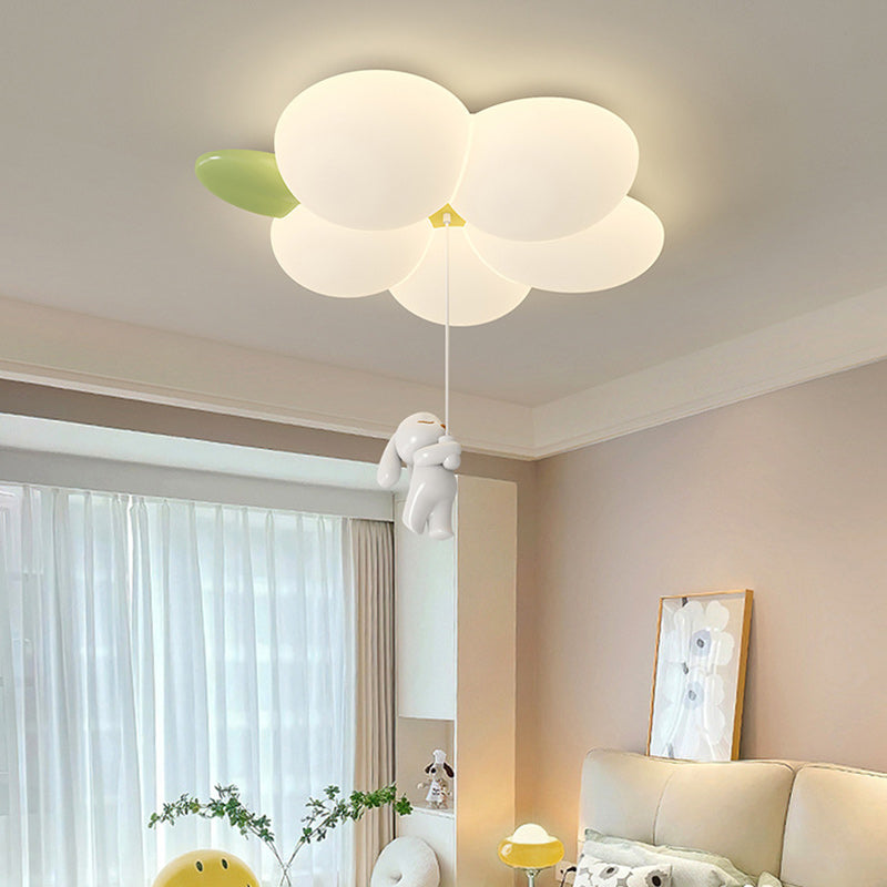 Contemporary Nordic Kids Rabbit Flower Iron PE LED Flush Mount Ceiling Light for Bedroom, Cute Children's Room Lighting, Modern Nursery Decor, Adjustable Brightness, Stylish Children's Ceiling Lamp, Energy-Efficient Kids Light Fixture, Playful Floral Desi