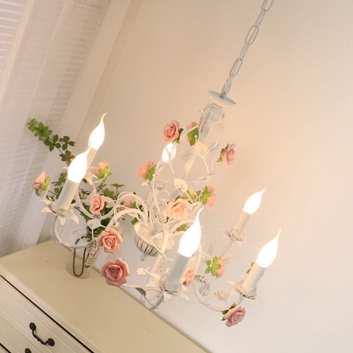 Traditional French Rose Branch Chandeliers - Iron & Ceramic 3/6/8 Light for Living Room