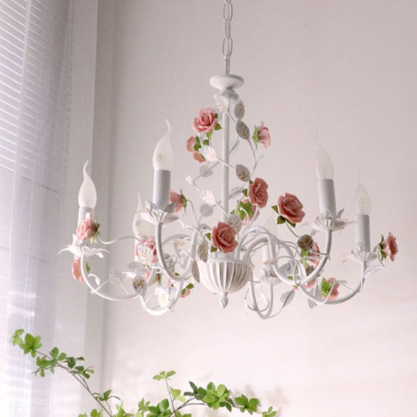 Traditional French Rose Branch Chandeliers - Iron & Ceramic 3/6/8 Light for Living Room