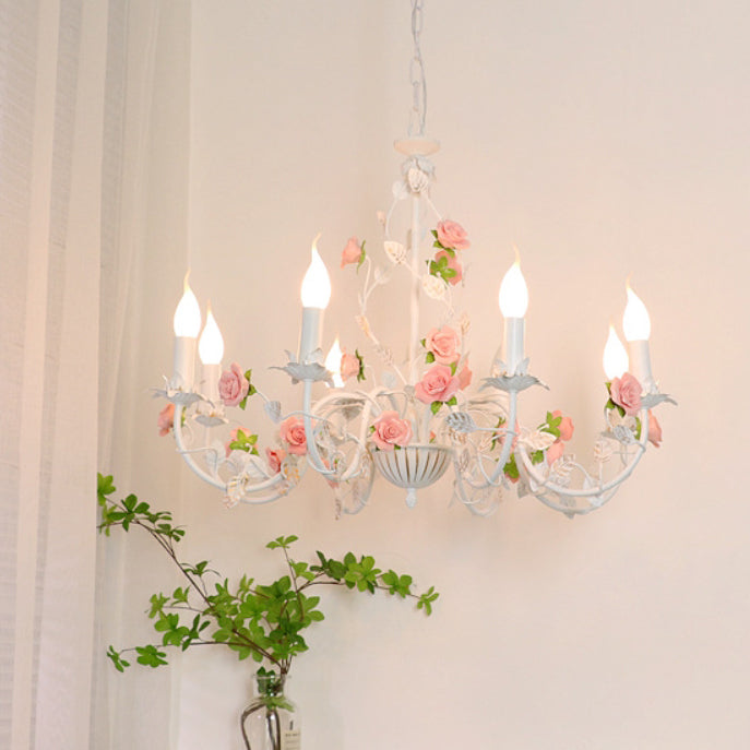 Traditional French Rose Branch Chandeliers - Iron & Ceramic 3/6/8 Light for Living Room