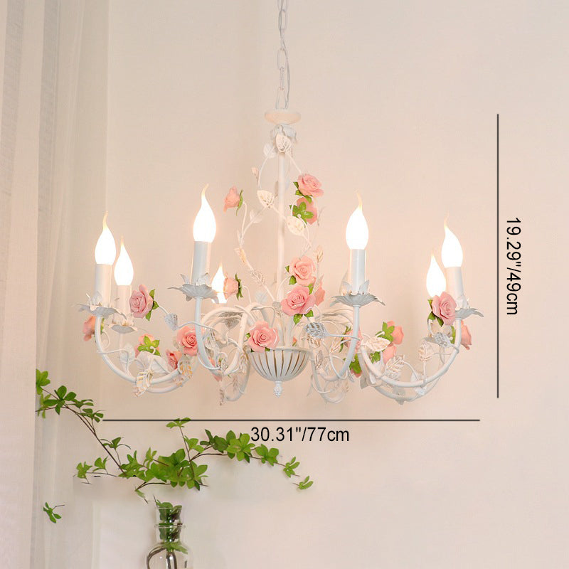 Traditional French Rose Branch Chandeliers - Iron & Ceramic 3/6/8 Light for Living Room