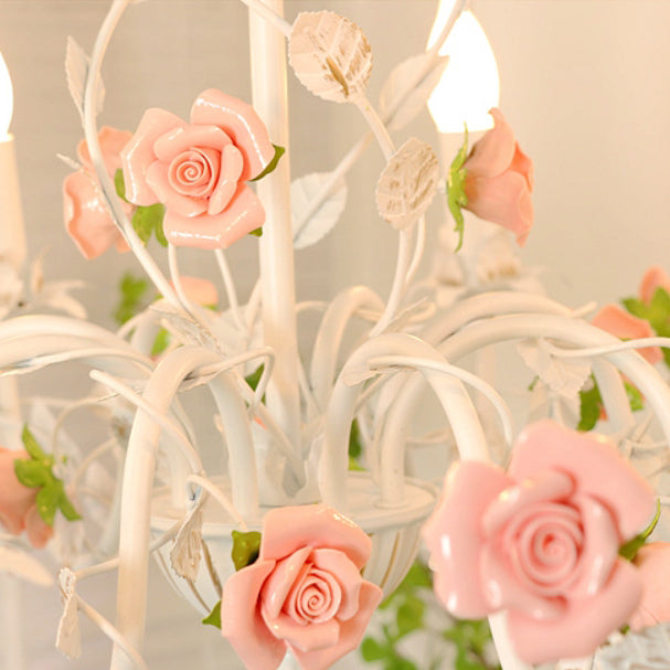 Traditional French Rose Branch Chandeliers - Iron & Ceramic 3/6/8 Light for Living Room