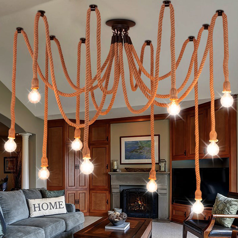 Contemporary Industrial Hemp Rope Spider 10-Light Semi-Flush Mount Ceiling Light

Illuminate your dining room with this stylish contemporary industrial hemp rope spider light. Designed with ten bulbs, this semi-flush mount ceiling fixture offers a unique
