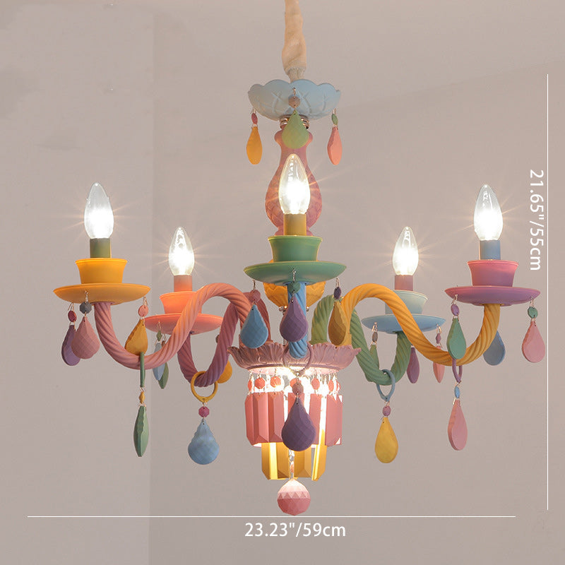 Modern Art Deco Kids Candle Colorful Stainless Steel Glass 6-Light Chandelier for Bedroom, Stylish Ceiling Light Fixture, Playful Decor Lighting, Adjustable Height Suspension, Unique Kids Room Illumination, Trendy Art Deco Design, Eye-Catching Colorful Ce