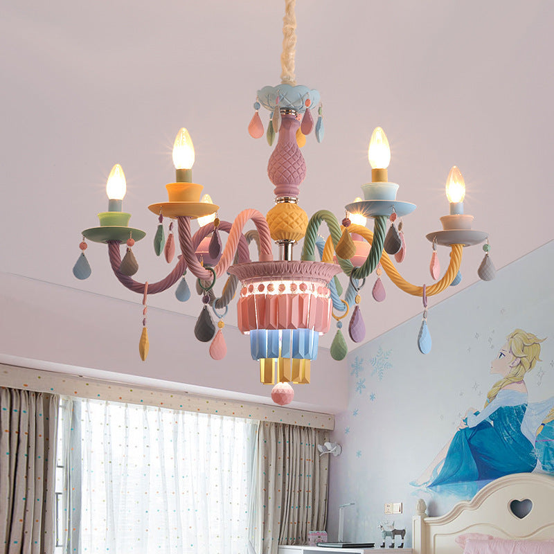 Modern Art Deco Kids Candle Colorful Stainless Steel Glass 6-Light Chandelier for Bedroom, Stylish Ceiling Light Fixture, Playful Decor Lighting, Adjustable Height Suspension, Unique Kids Room Illumination, Trendy Art Deco Design, Eye-Catching Colorful Ce