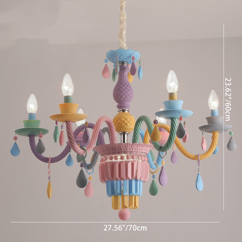 Modern Art Deco Kids Candle Colorful Stainless Steel Glass 6-Light Chandelier for Bedroom, Stylish Ceiling Light Fixture, Playful Decor Lighting, Adjustable Height Suspension, Unique Kids Room Illumination, Trendy Art Deco Design, Eye-Catching Colorful Ce