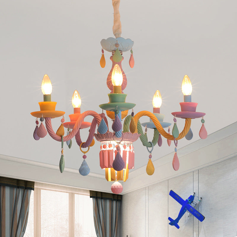 Modern Art Deco Kids Candle Colorful Stainless Steel Glass 6-Light Chandelier for Bedroom, Stylish Ceiling Light Fixture, Playful Decor Lighting, Adjustable Height Suspension, Unique Kids Room Illumination, Trendy Art Deco Design, Eye-Catching Colorful Ce