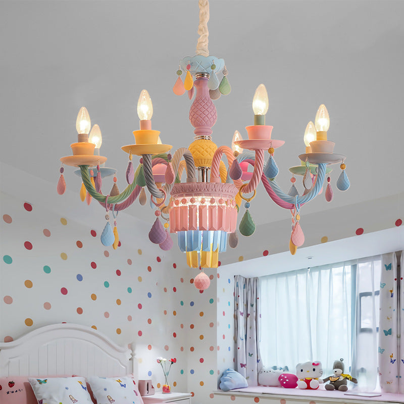 Modern Art Deco Kids Candle Colorful Stainless Steel Glass 6-Light Chandelier for Bedroom, Stylish Ceiling Light Fixture, Playful Decor Lighting, Adjustable Height Suspension, Unique Kids Room Illumination, Trendy Art Deco Design, Eye-Catching Colorful Ce