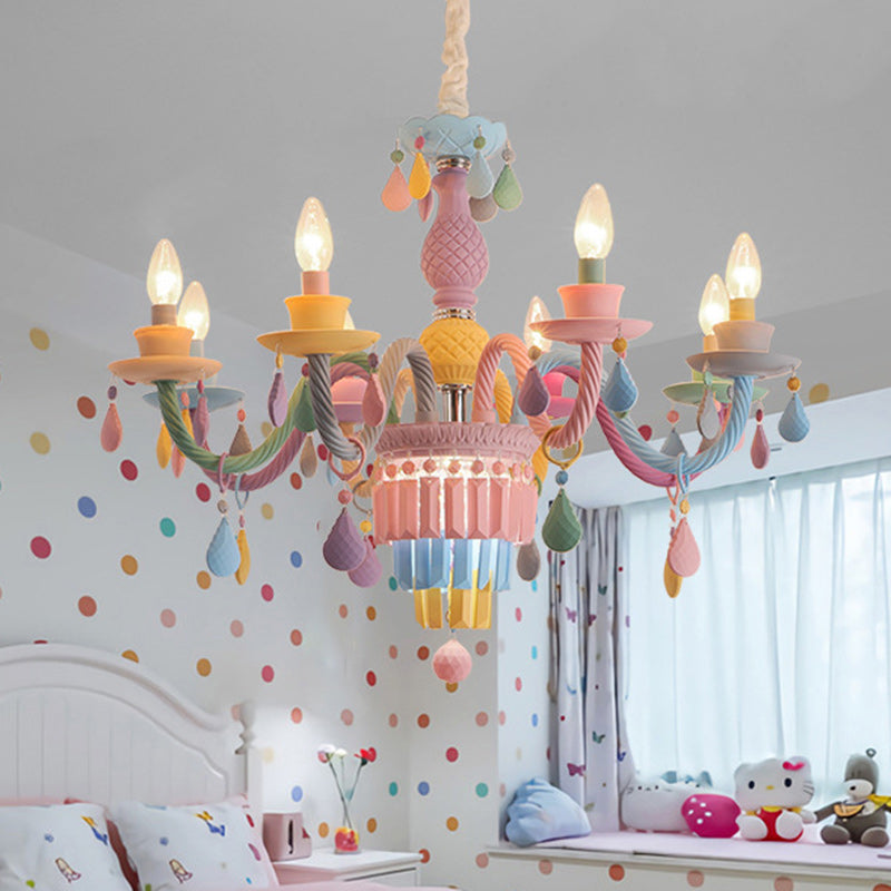 Modern Art Deco Kids Candle Colorful Stainless Steel Glass 6-Light Chandelier for Bedroom, Stylish Ceiling Light Fixture, Playful Decor Lighting, Adjustable Height Suspension, Unique Kids Room Illumination, Trendy Art Deco Design, Eye-Catching Colorful Ce