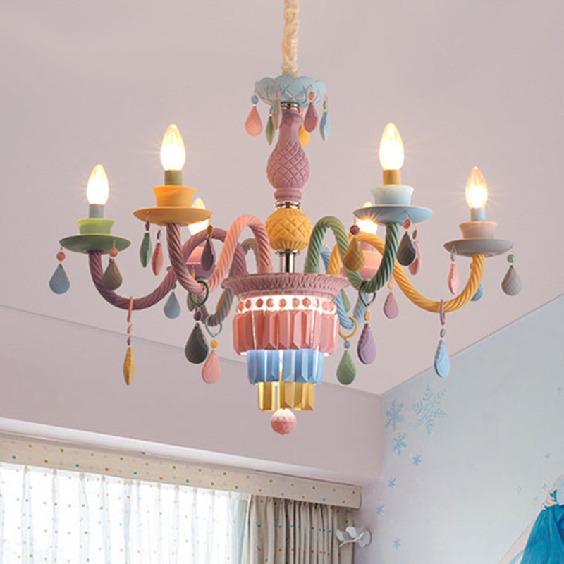 Modern Art Deco Kids Candle Colorful Stainless Steel Glass 6-Light Chandelier for Bedroom, Stylish Ceiling Light Fixture, Playful Decor Lighting, Adjustable Height Suspension, Unique Kids Room Illumination, Trendy Art Deco Design, Eye-Catching Colorful Ce