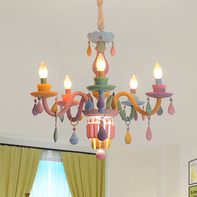 Modern Art Deco Kids Candle Colorful Stainless Steel Glass 6-Light Chandelier for Bedroom, Stylish Ceiling Light Fixture, Playful Decor Lighting, Adjustable Height Suspension, Unique Kids Room Illumination, Trendy Art Deco Design, Eye-Catching Colorful Ce