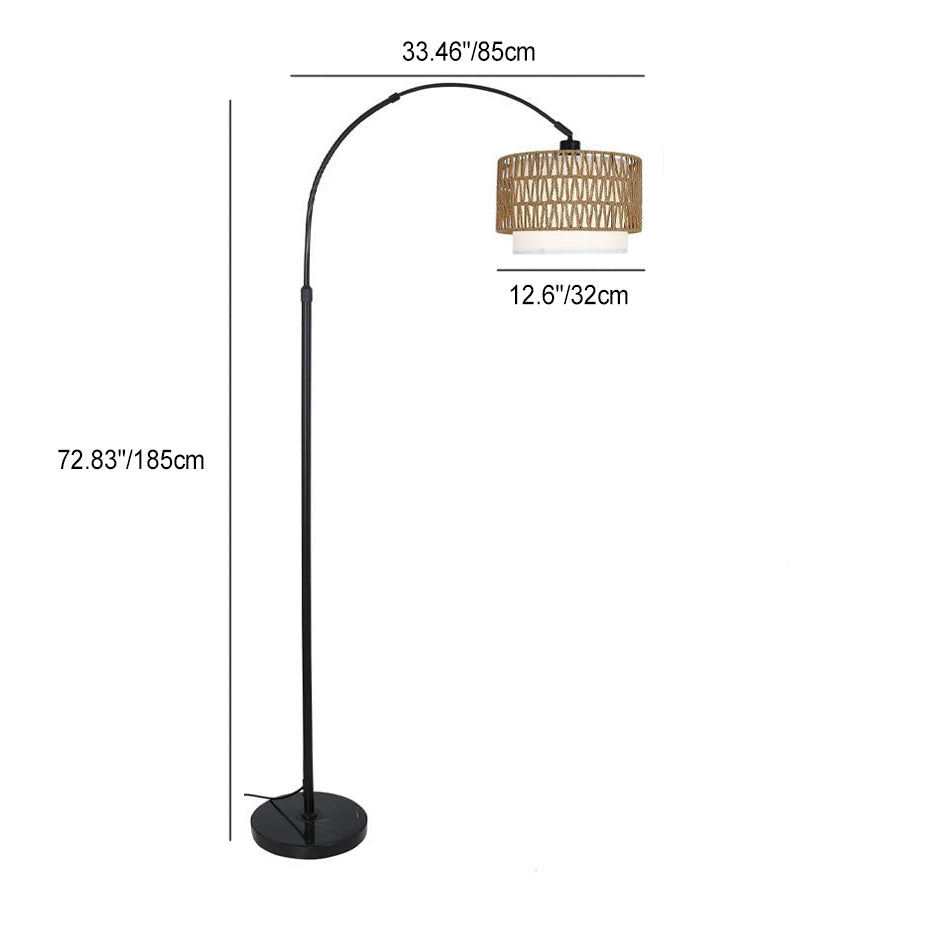 Traditional Rustic Rattan Floor Lamp - 1-Light Iron Cylinder for Living Room