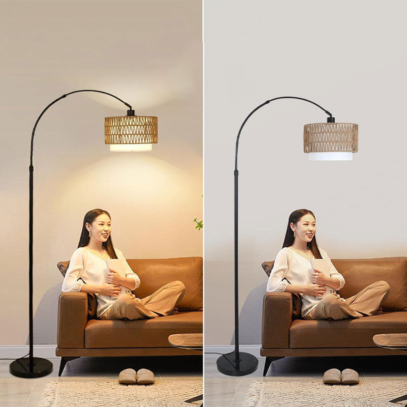 Traditional Rustic Rattan Floor Lamp - 1-Light Iron Cylinder for Living Room