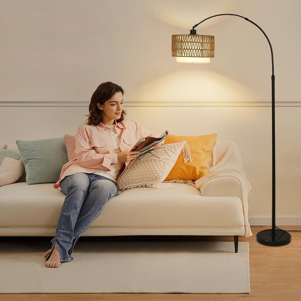 Traditional Rustic Rattan Floor Lamp - 1-Light Iron Cylinder for Living Room