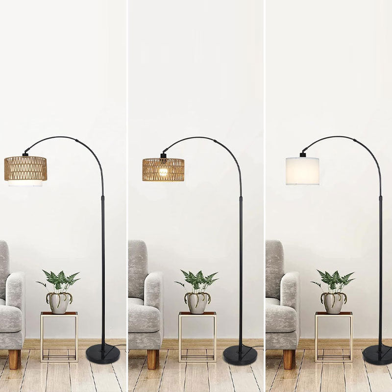 Traditional Rustic Rattan Floor Lamp - 1-Light Iron Cylinder for Living Room