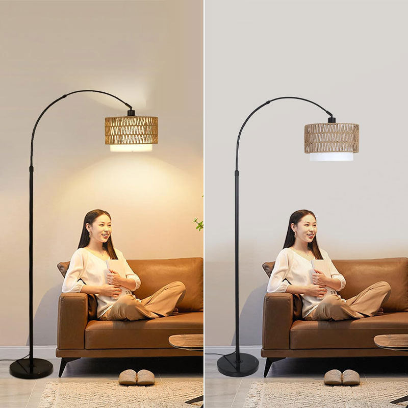 Traditional Rustic Rattan Floor Lamp - 1-Light Iron Cylinder for Living Room