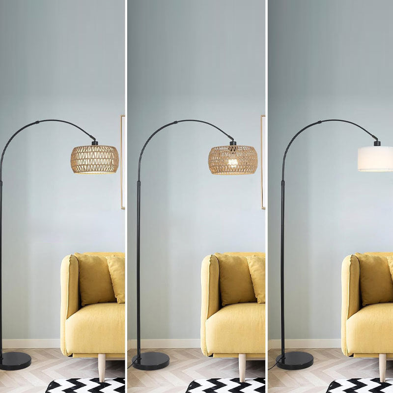 Traditional Rustic Rattan Floor Lamp - 1-Light Iron Cylinder for Living Room