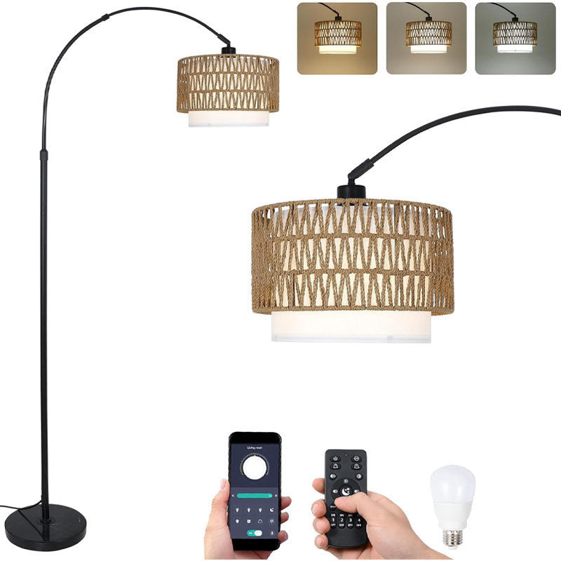 Traditional Rustic Rattan Floor Lamp - 1-Light Iron Cylinder for Living Room